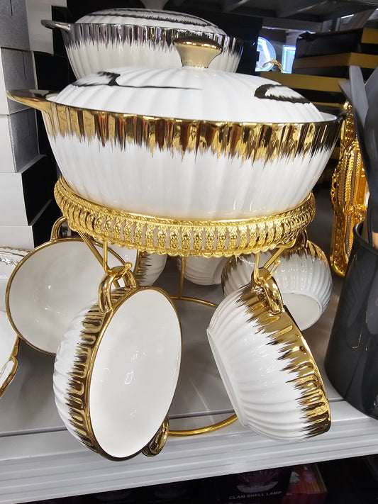 8 Piece Ceramic Soup Pot Set in Gold & Silver
