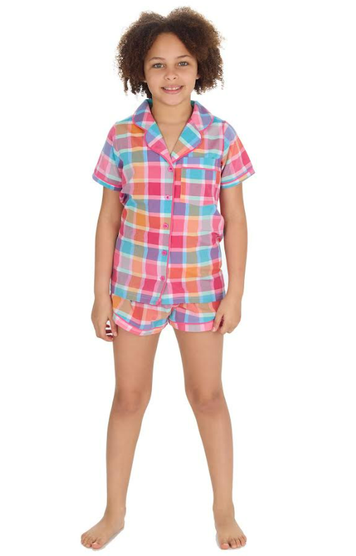 Forever Dreaming Girls Short Sleeved Short Pink Check Button Up Pyjamas