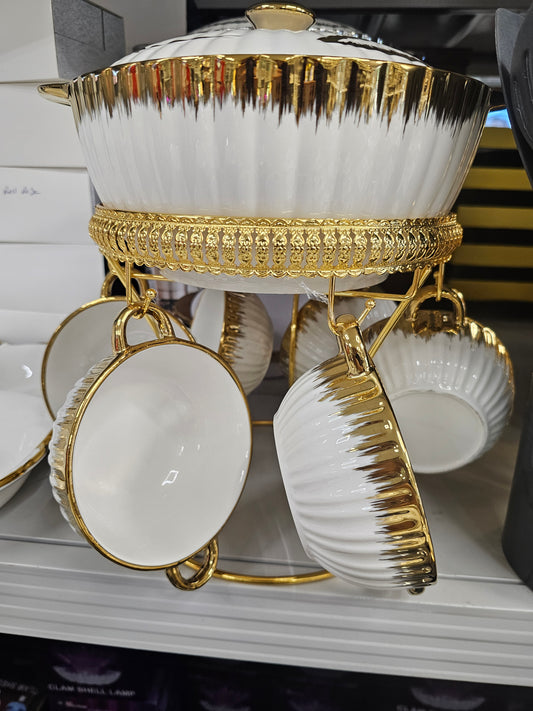 8 Piece Ceramic Soup Pot Set in Gold & Silver