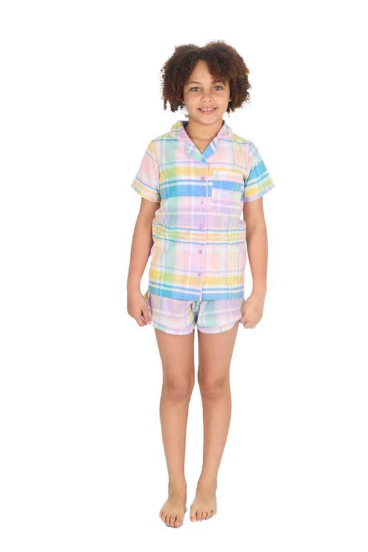 Forever Dreaming Girls Short Sleeved Short Yellow Check Button Up Pyjamas